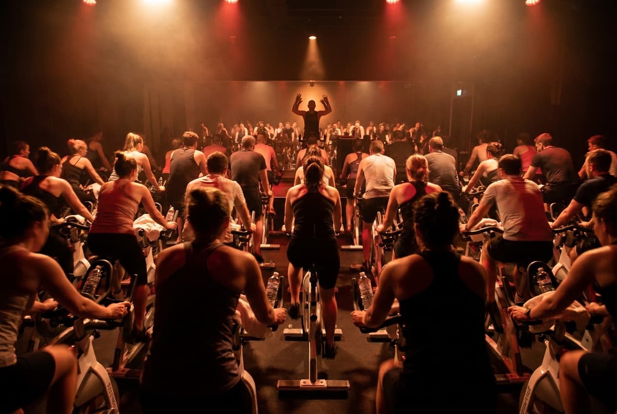 Dolu bir cycling dersinde pedal çeviren katılımcılar